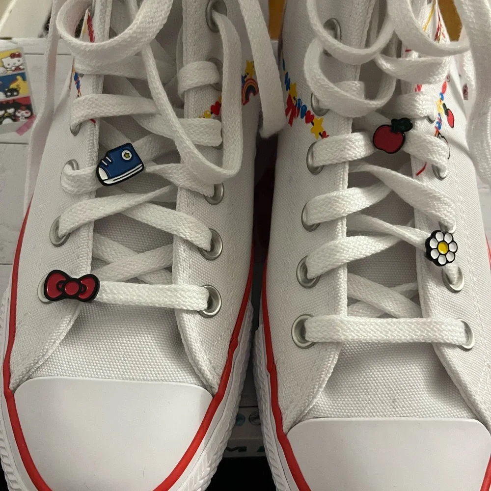 Converse Women’s White Hello Kitty High-Top Sneakers with Red & Blue Trim - Picture 4 of 7